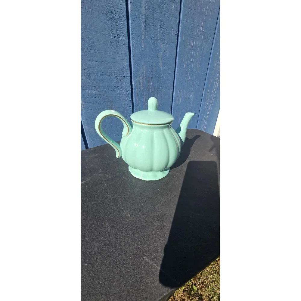 vintage turquoise ceramic teapot w/embossed 3D flower accent with gold trim